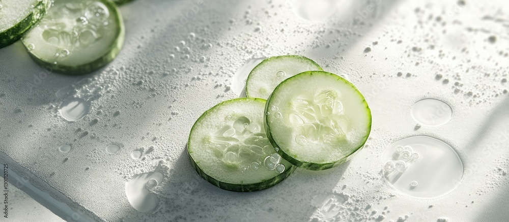 Poster sliced cucumbers on a white surface with natural light highlighting green edges and bubbles undernea