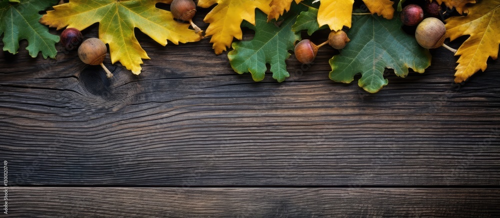 Leinwandbilder autumn leaves in shades of yellow and brown on a dark wooden background creating a warm and inviting