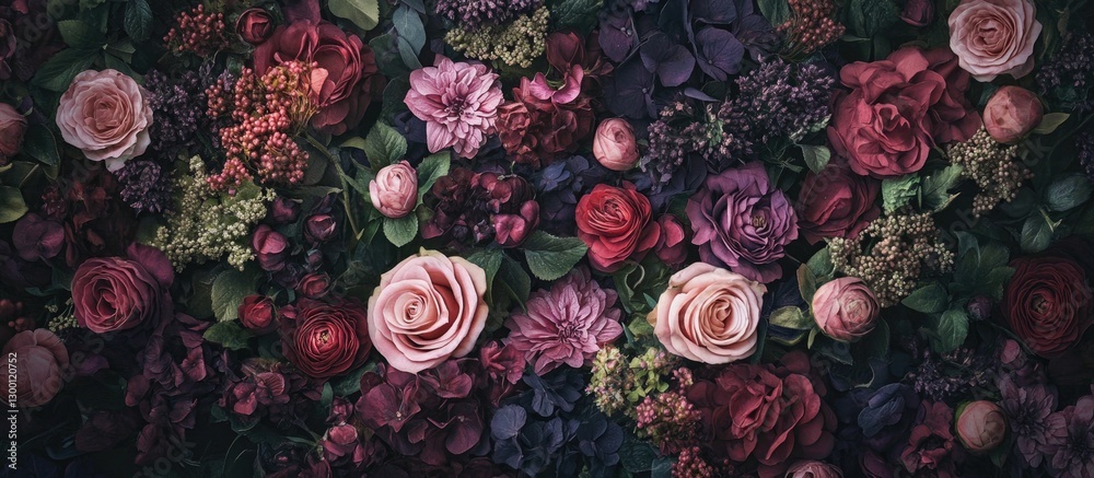 Poster Vibrant floral backdrop featuring various roses and greenery in deep reds, purples, and pinks with a soft blur at the corners creating depth.