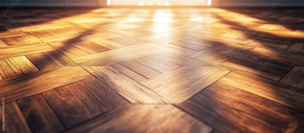 Poster Wooden floor illuminated by warm sunlight showcasing intricate geometric patterns and rich textures in a cozy interior setting.
