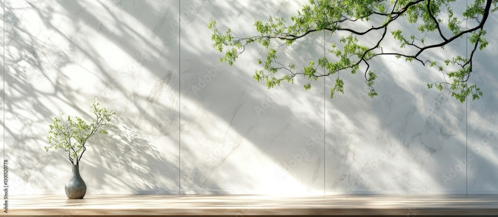 Poster spring sunlight casting gentle shadows of green tree branches on a white marble wall, with a wooden 