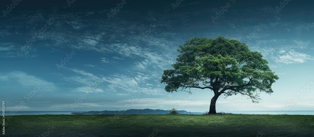 Aufkleber lush tall dark green tree positioned left against a serene dark blue sky with soft clouds and a gras