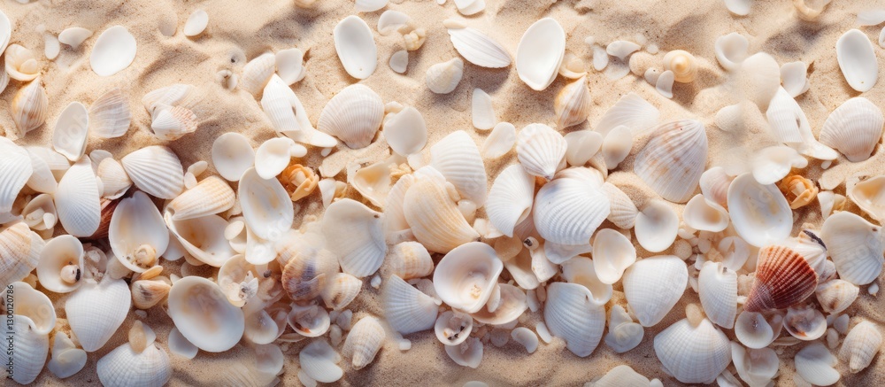 Poster Scattered white and beige seashells on sandy beach surface creating a tranquil and spacious backdrop perfect for advertising or design projects.