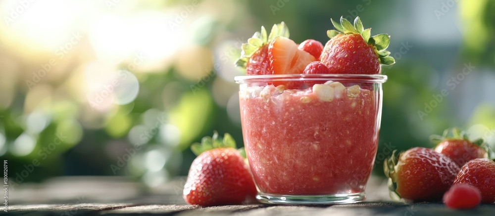 Poster fresh strawberry overnight oats in a transparent jar on a wooden surface with vibrant strawberries s