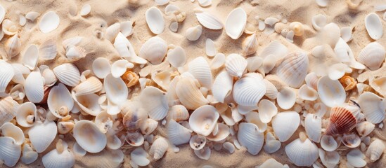 Fototapeta premium Scattered white and beige seashells on sandy beach surface creating a tranquil and spacious backdrop perfect for advertising or design projects.