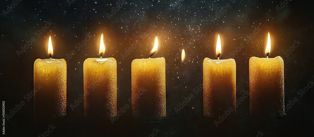 Aufkleber Warm golden candles arranged in a row against a dark starry backdrop enhancing a festive atmosphere with glowing flames and shimmering stars