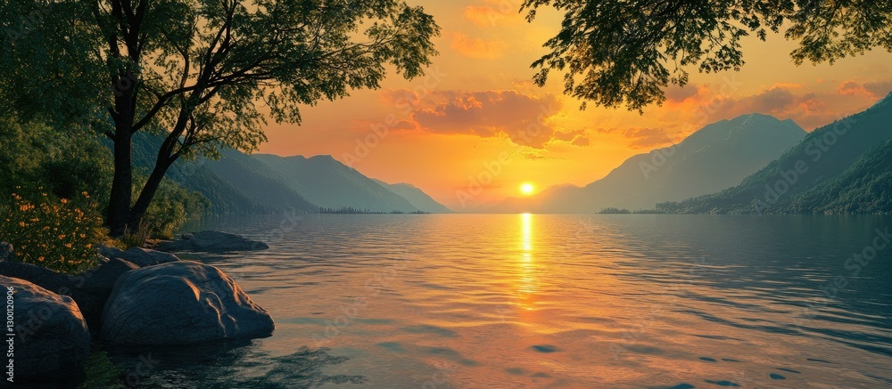 Poster Sunset over a serene lake reflecting orange and yellow hues surrounded by mountains and lush trees creating a tranquil evening landscape.