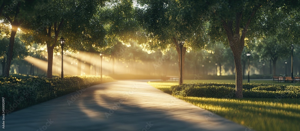 Poster sunrise beams illuminate a serene park path surrounded by vibrant green trees and soft glowing light