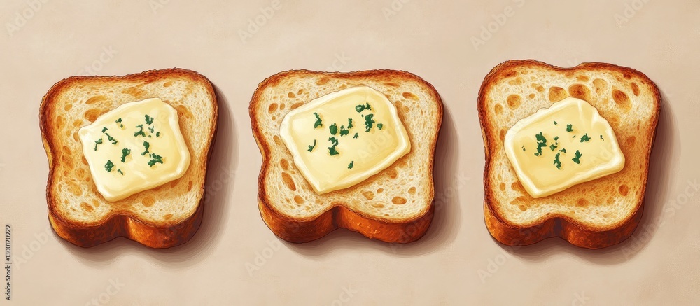 Poster Toasted bread slices with golden crusts topped with rich butter and herbs arranged in a row on a light beige background