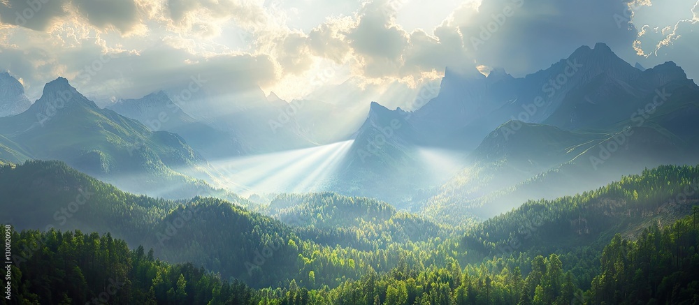 Aufkleber mountain ranges illuminated by golden sunlight with soft clouds above and a vibrant green forest bel