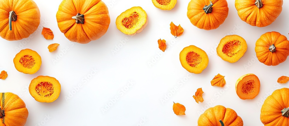 Poster fresh whole and sliced pumpkins displayed on a white background arranged artistically with orange to
