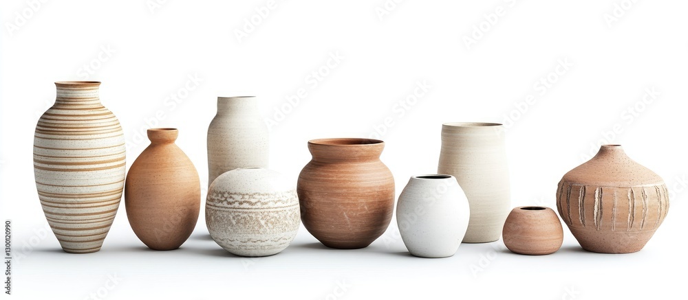 Poster Collection of diverse earthenware vases in neutral earthy tones arranged in a row against a bright white background with ample free space for text.