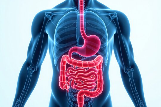 A detailed human digestive system depicted within a blue male figure, illustrating anatomy and biological function.