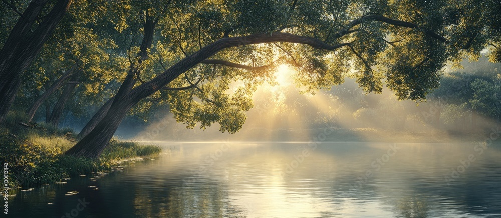 Poster sunlight filters through lush green tree branches illuminating calm waters with soft reflections cre