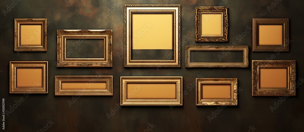 Fototapete decorative golden photo frames arranged on a dark textured wall creating a vintage gallery effect wi
