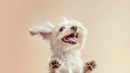 Pure youth crazy. Maltense young dog is posing. Cute playful white doggy or pet is playing and looking happy isolated on soft color background. Concept of motion, action, movement.