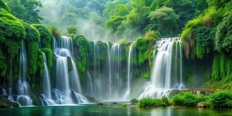 Obraz premium Emerald greenery sprawls down a cascading waterfall