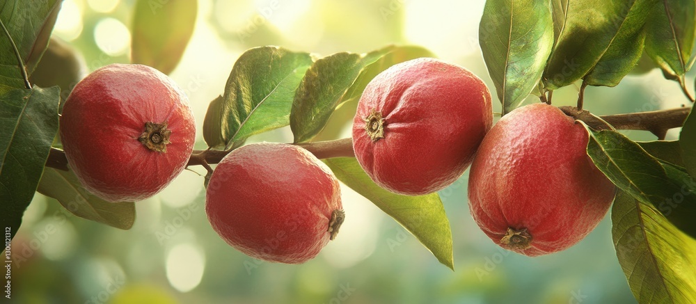 Poster vibrant red fruits hanging on a lush green branch under soft sunlight with a blurred background crea