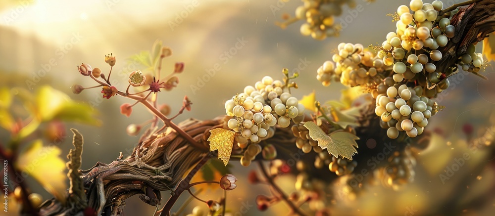 Fototapete Blooming grapevine branches with young bunches of grapes illuminated by warm sunlight in a soft-focus background featuring gentle green tones and ample copy space