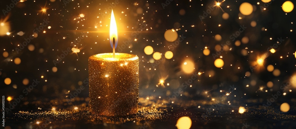 Aufkleber Golden candle illuminated with a soft flame surrounded by sparkling golden bokeh and starburst effects creating a festive celebration atmosphere