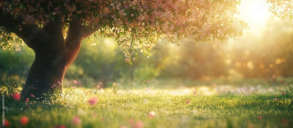Poster blossoming orchard tree basking in warm sunlight with vibrant green grass and soft pink flowers crea