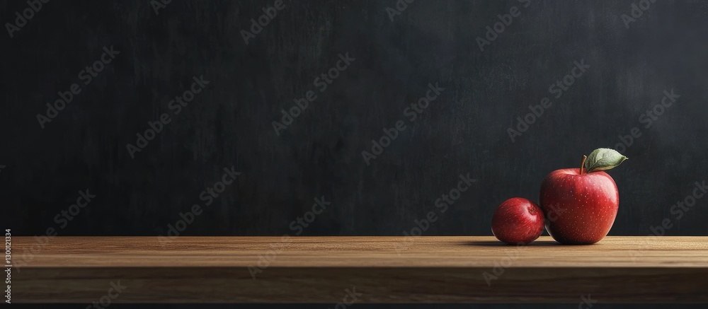 Aufkleber Red apples on a wooden table with a dark chalkboard backdrop and ample space for text, creating a clean and inviting educational atmosphere.