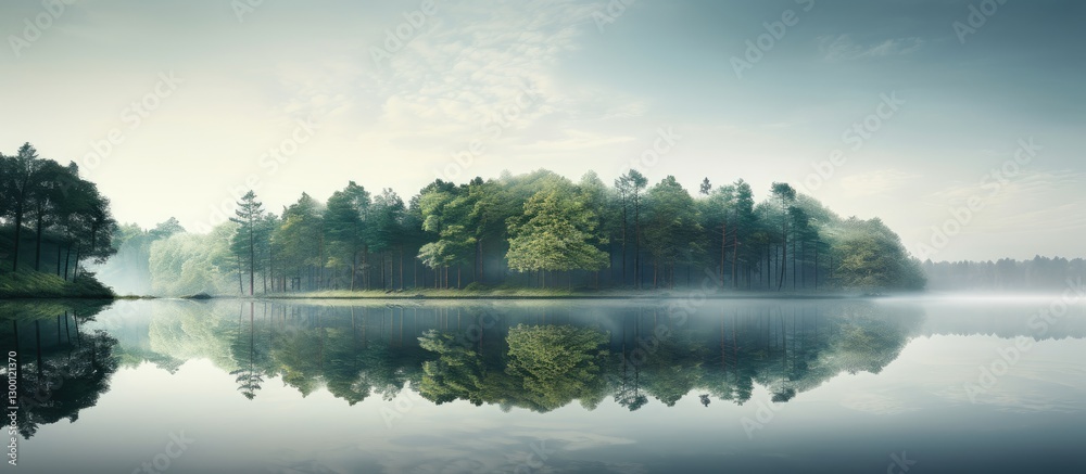 Aufkleber serene landscape with trees reflecting on calm water under a hazy sky; lush green trees positioned c