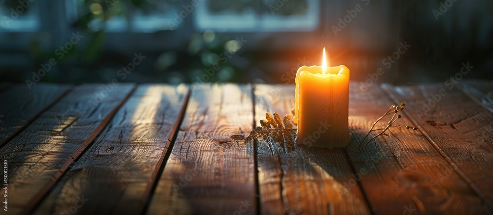 Leinwandbilder candle casting warm golden light in a dimly lit room with wooden table and soft shadows creating inv