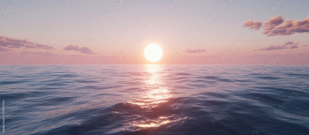 Poster serene sunset over calm ocean waves with soft pink and orange hues reflecting on water creating a pe