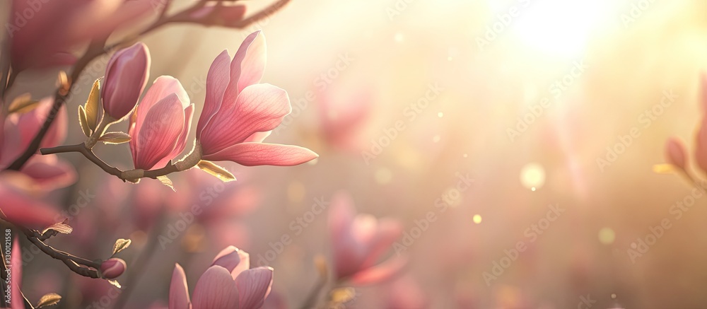 Leinwandbilder delicate pink magnolia flowers softly illuminated by warm sunlight with a dreamy bokeh background cr