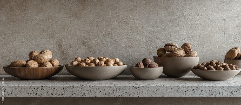 Poster Assortment of nuts displayed in various bowls on a textured stone table with neutral hues showcasing warm browns and light grays.