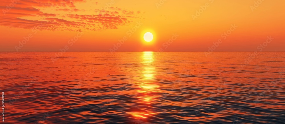 Poster vibrant orange sunset over calm ocean waters creating a serene reflection with clear sky and ample c