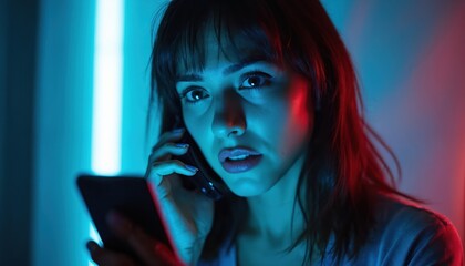Worried woman answers phone call in dark room with blue, red neon light. Scam, fraud or phishing concept. Smartphone incoming call from anonymous number. Online danger. Digital security.
