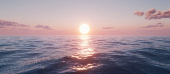 Serene sunset over calm ocean waves with soft pink and orange hues reflecting on water creating a peaceful dusk atmosphere.