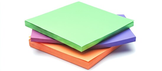 Colored square origami sheets stacked in vibrant green, purple, pink, and orange on a clean white background ideal for creative projects.