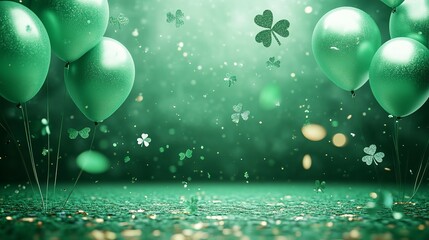 A vibrant St. Patrick's Day celebration image featuring a bunch of green balloons with shamrock designs, scattered confetti, and a blurred, festive green background.