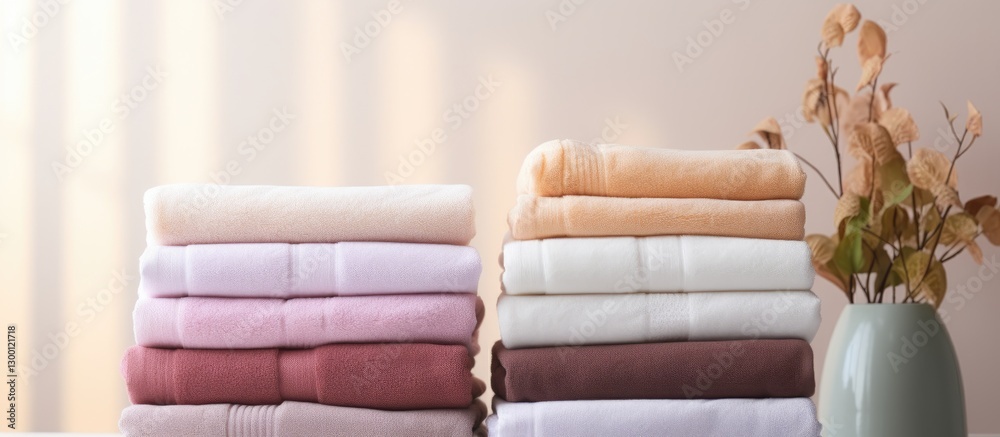 Aufkleber stacked soft towels in pastel colors of pink, beige, and white on a light background with a vase and