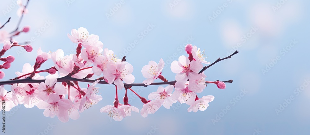 Leinwandbilder cherry blossom branch with delicate pink flowers on a soft blue background, featuring ample empty sp