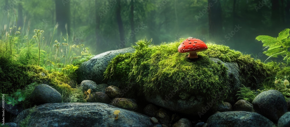 Poster Vibrant red mushroom perched on mossy stones in a lush green forest surrounded by soft mist and diverse foliage creating a serene nature scene