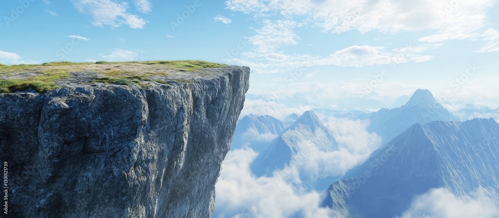 Aufkleber Vast cliff edge overlooking clouds and mountains under a bright blue sky with soft white clouds creating a serene and tranquil atmosphere.
