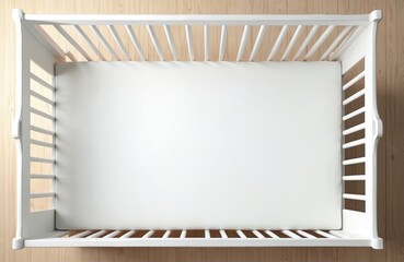 Top down view of empty baby crib with white mattress on wooden floor. Concept of childhood, childcare, parenthood. Comfortable cot with bedclothes in modern bedchamber ready for newborn.