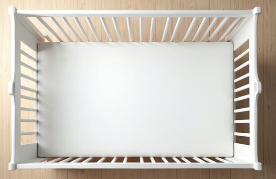 Top down view of empty baby crib with white mattress on wooden floor. Concept of childhood, childcare, parenthood. Comfortable cot with bedclothes in modern bedchamber ready for newborn.