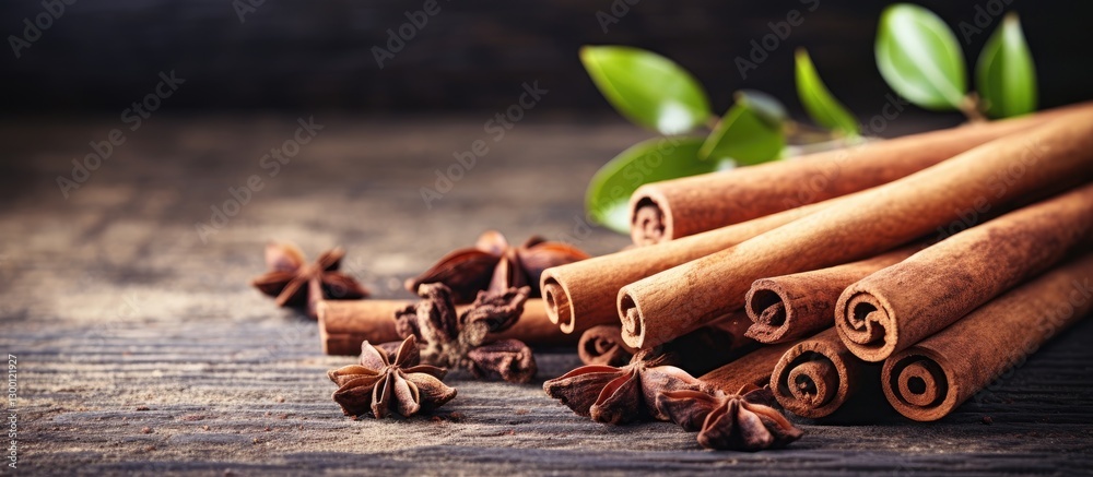 Aufkleber cinnamon sticks and star anise on a rustic wooden table with green leaves on a dark background highl
