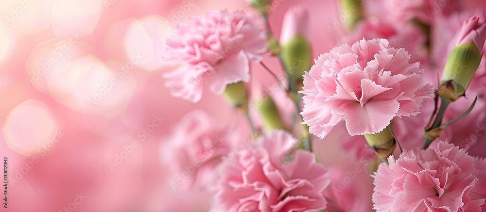 Poster springtime banner with soft pink carnation flowers in the foreground against a delicate pink backdro