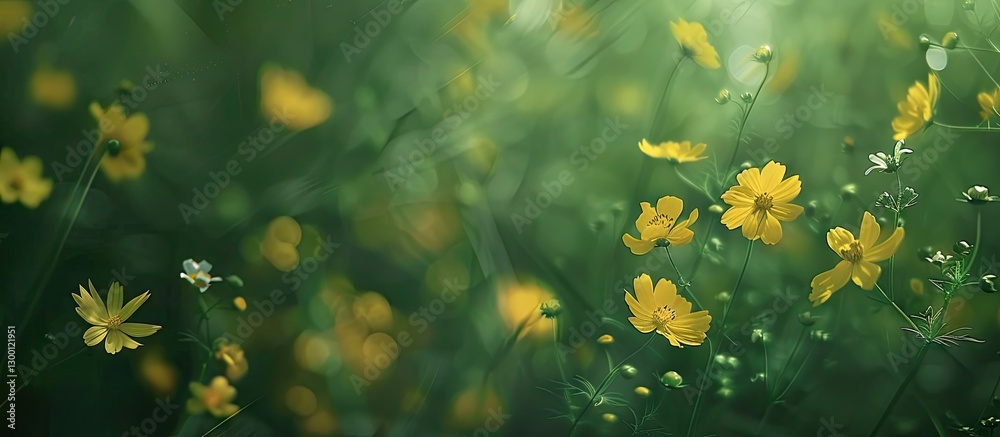 Poster Delicate yellow wildflowers scattered against a soft green background creating ample copy space on the right side of the frame
