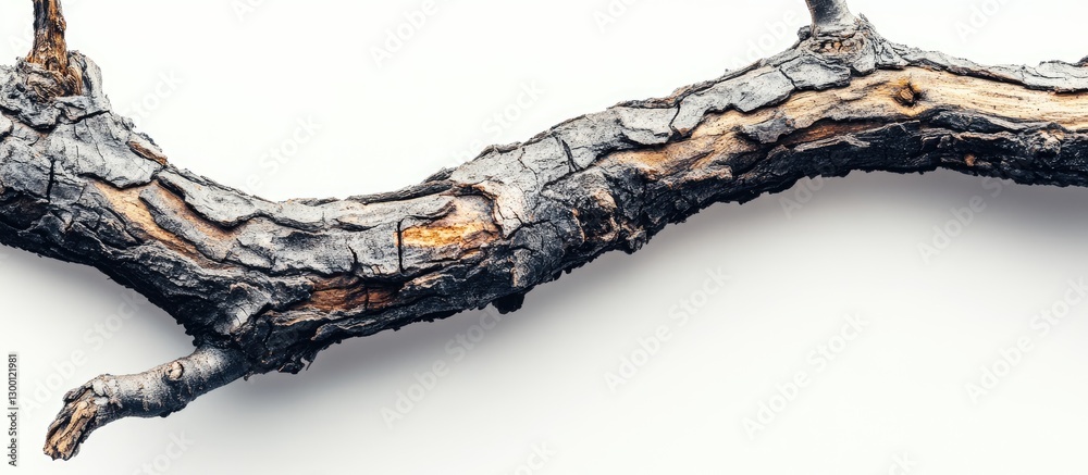 Poster dry tree branch with intricate bark textures, displaying dark brown and grey tones against a minimal