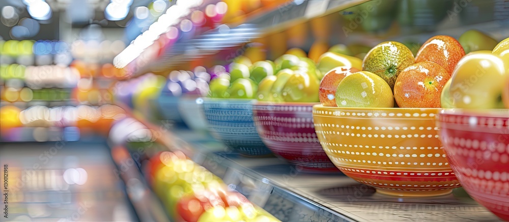 Poster Vibrant display of colorful ceramic bowls filled with fresh apples in a supermarket aisle with lights creating a blurred background effect