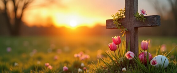 Eeaster Wonderland: Wooden Cross Decorated with Flowers and Eggs at Sunset in a Fieldscape. A wooden cross surrounded by pink tulips and painted eggs.