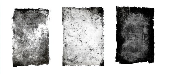 Set of three textured letterpress ink stamps in black and white with distressed edges isolated on a white background ideal for vintage overlays