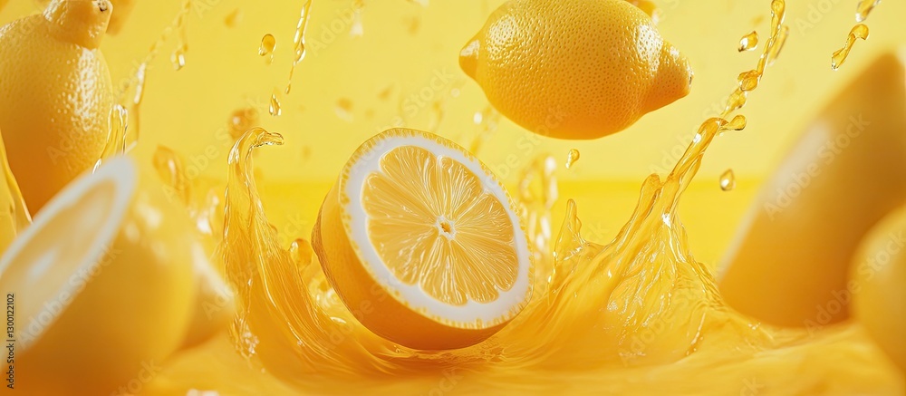 Poster fresh lemon slices and whole lemons in mid-air, splashing juice against a vibrant yellow background 